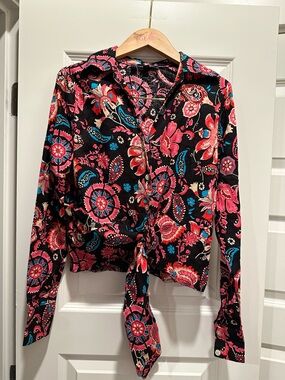 RACHEL Rachel Roy Black Floral Tie-Front Blouse with Pink & Teal Accents
